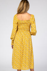 Yellow Floral Smocked Bubble Sleeve Maternity Midi Dress