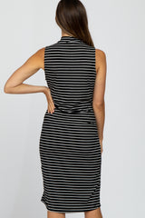 Black Striped Mock Neck Maternity Midi Dress