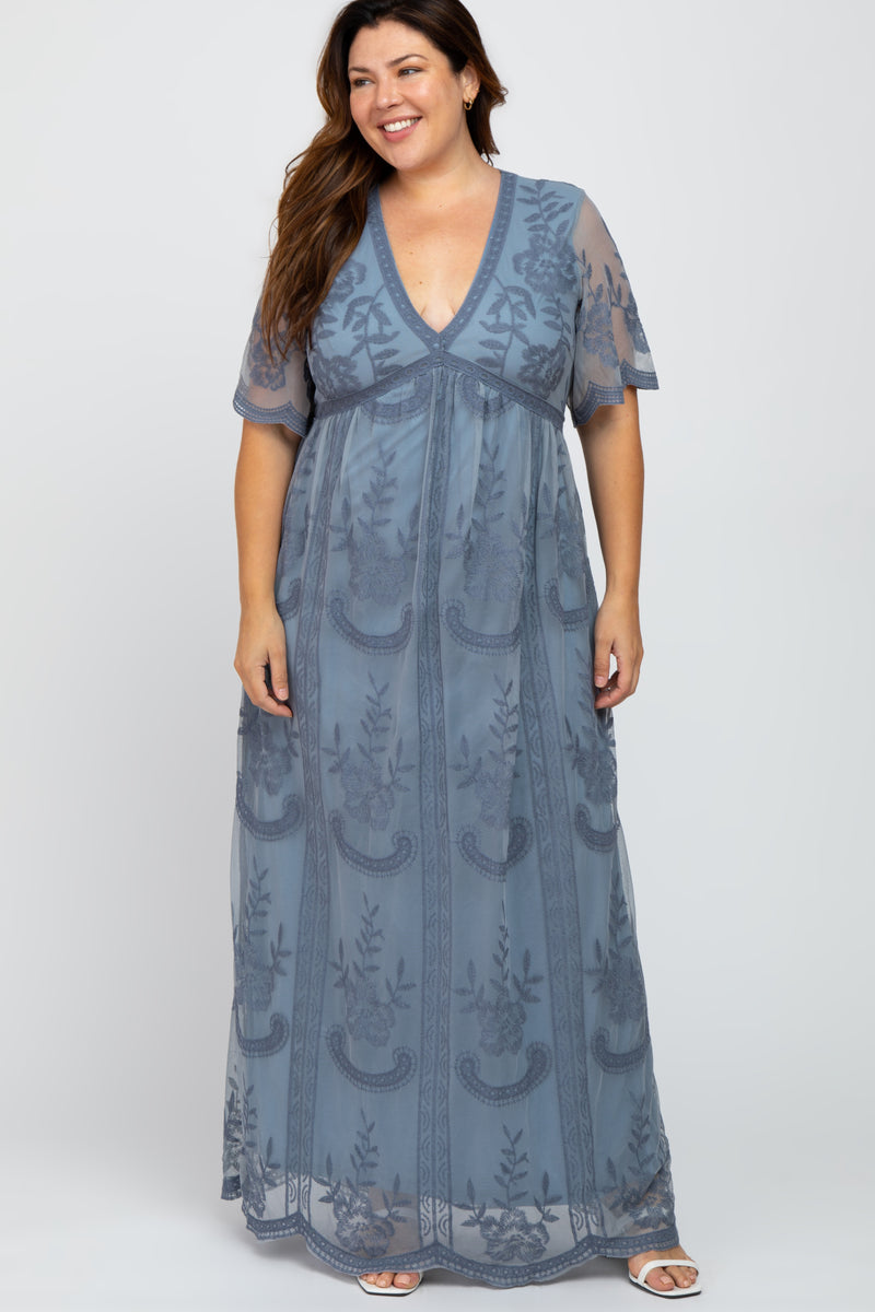 Blue Lace Mesh Overlay Plus Maxi Dress – PinkBlush