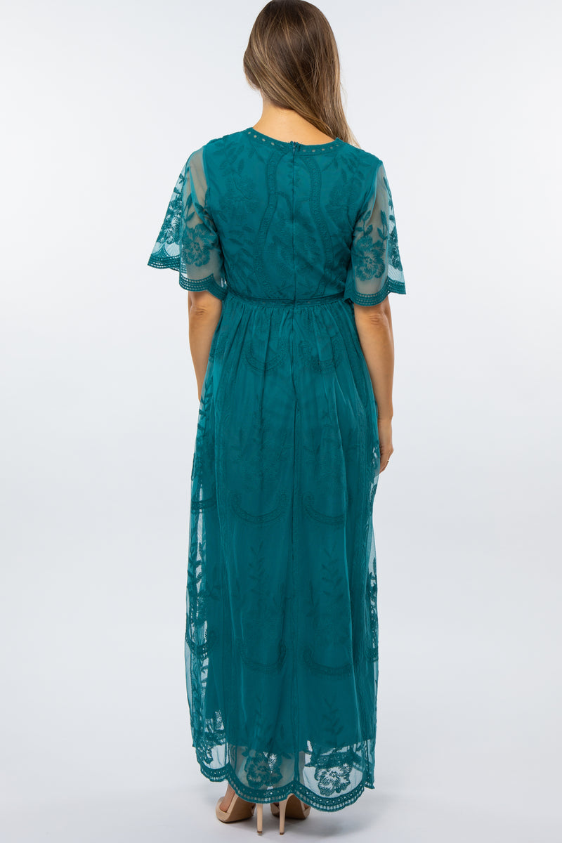 Lace Turquoise Maternity Maxi Dress Teal Lace Mesh Overlay