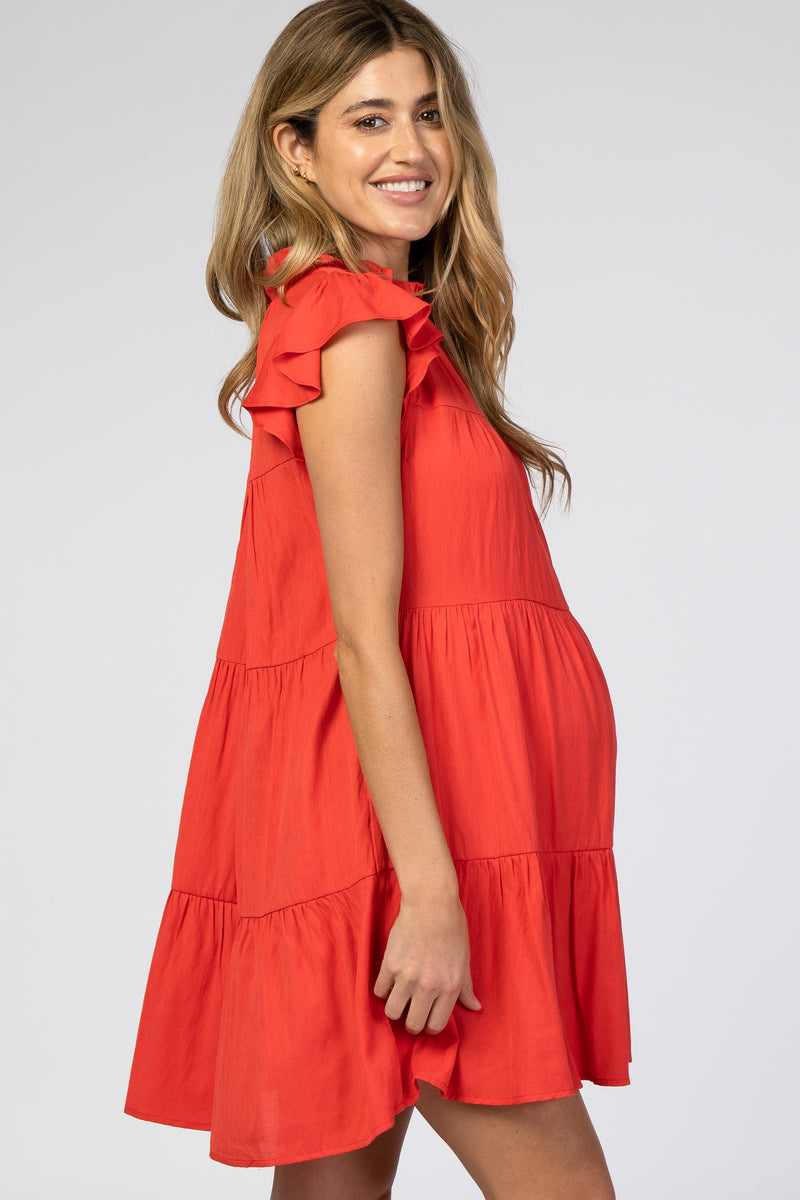 Red Ruffle Accent Tiered Maternity Dress PinkBlush