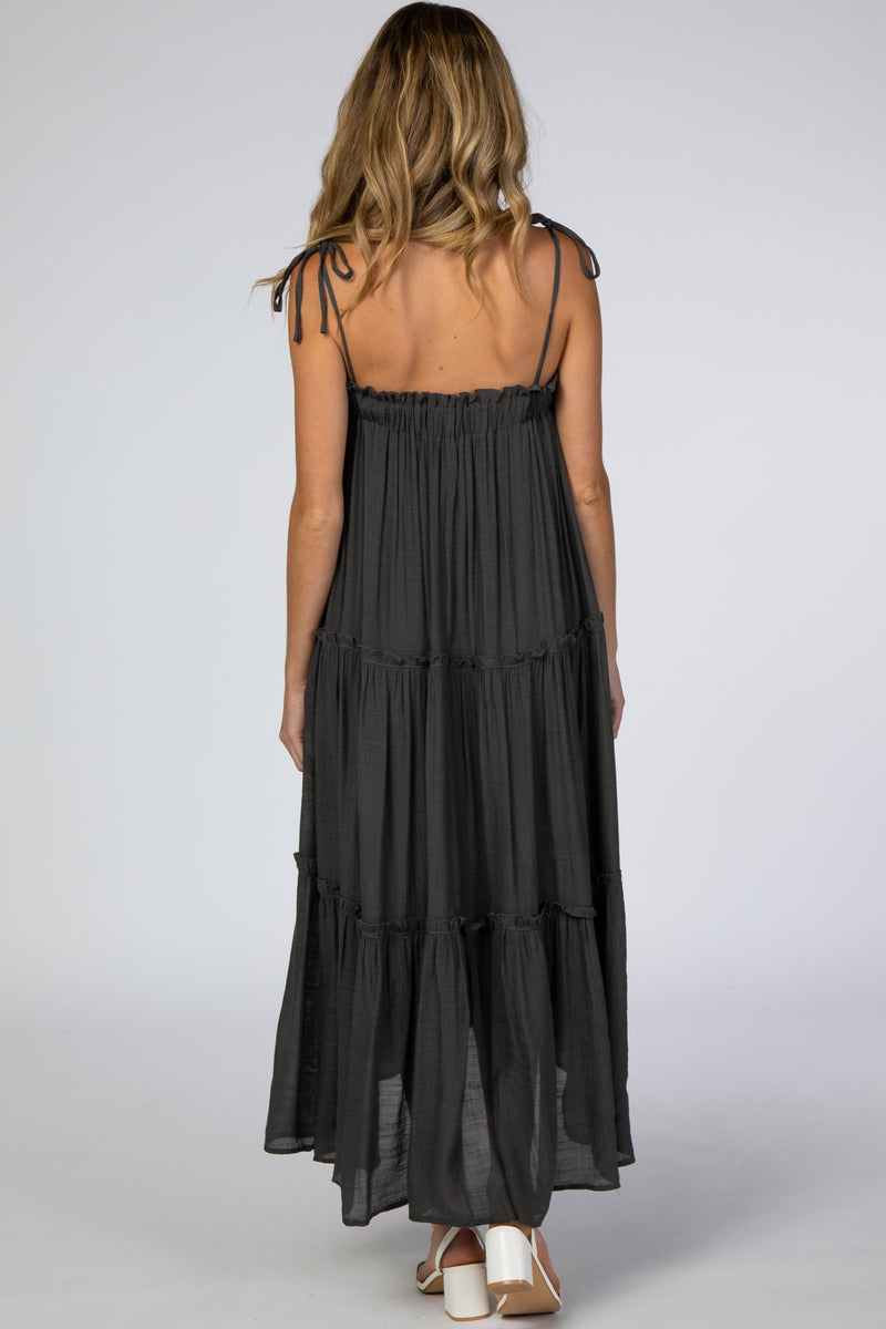 Charcoal Tie Strap Ruffle Maternity Maxi Dress PinkBlush