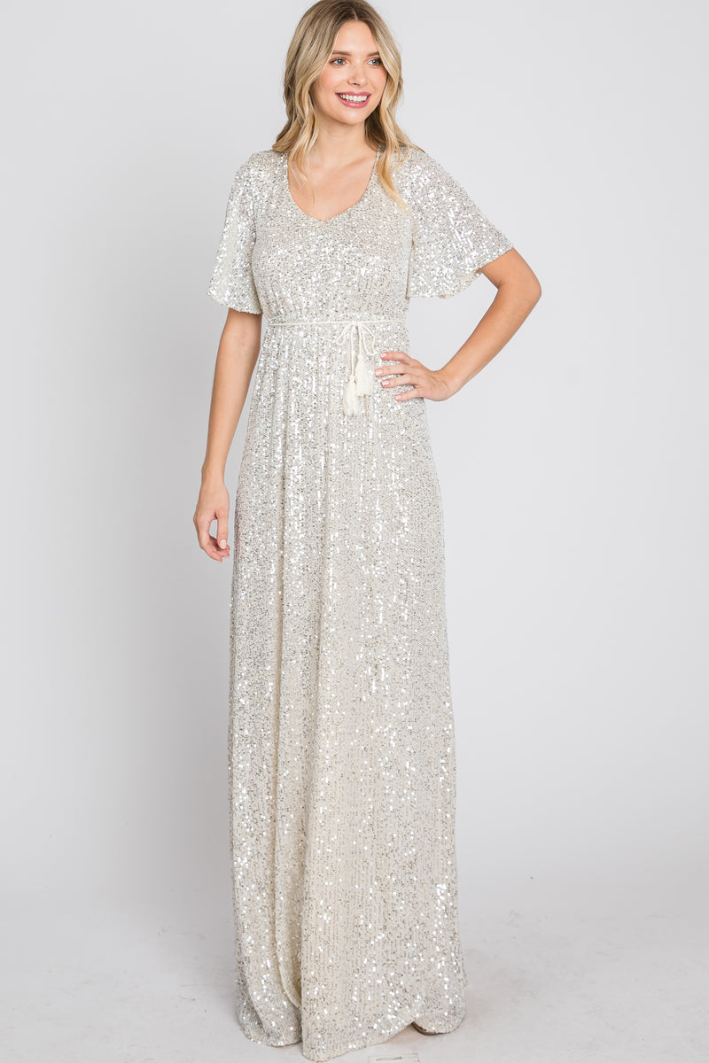 Long Cream-Colored Dress with Sequins main image 1