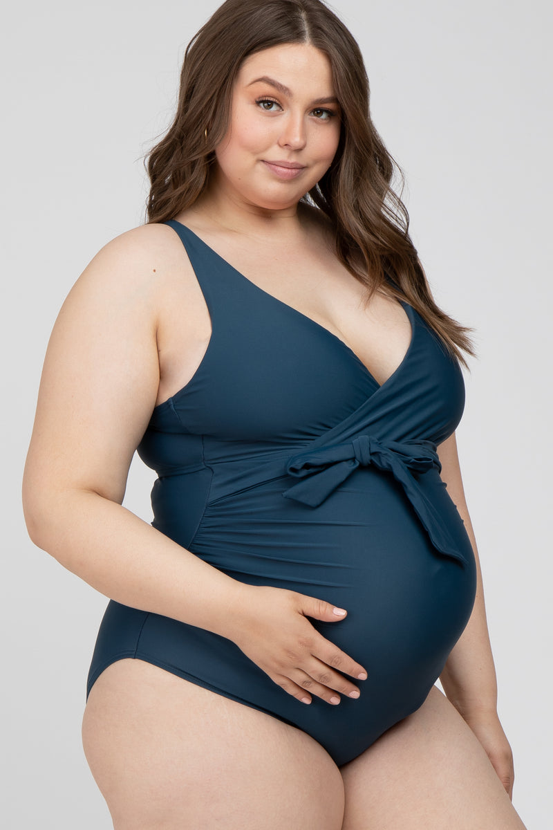 Navy Blue Waist Tie Maternity Plus One-Piece Swimsuit– PinkBlush