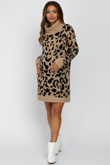 Taupe Leopard Turtleneck Maternity Sweater Dress