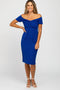 PinkBlush Royal Blue Solid Off Shoulder Fitted Dress