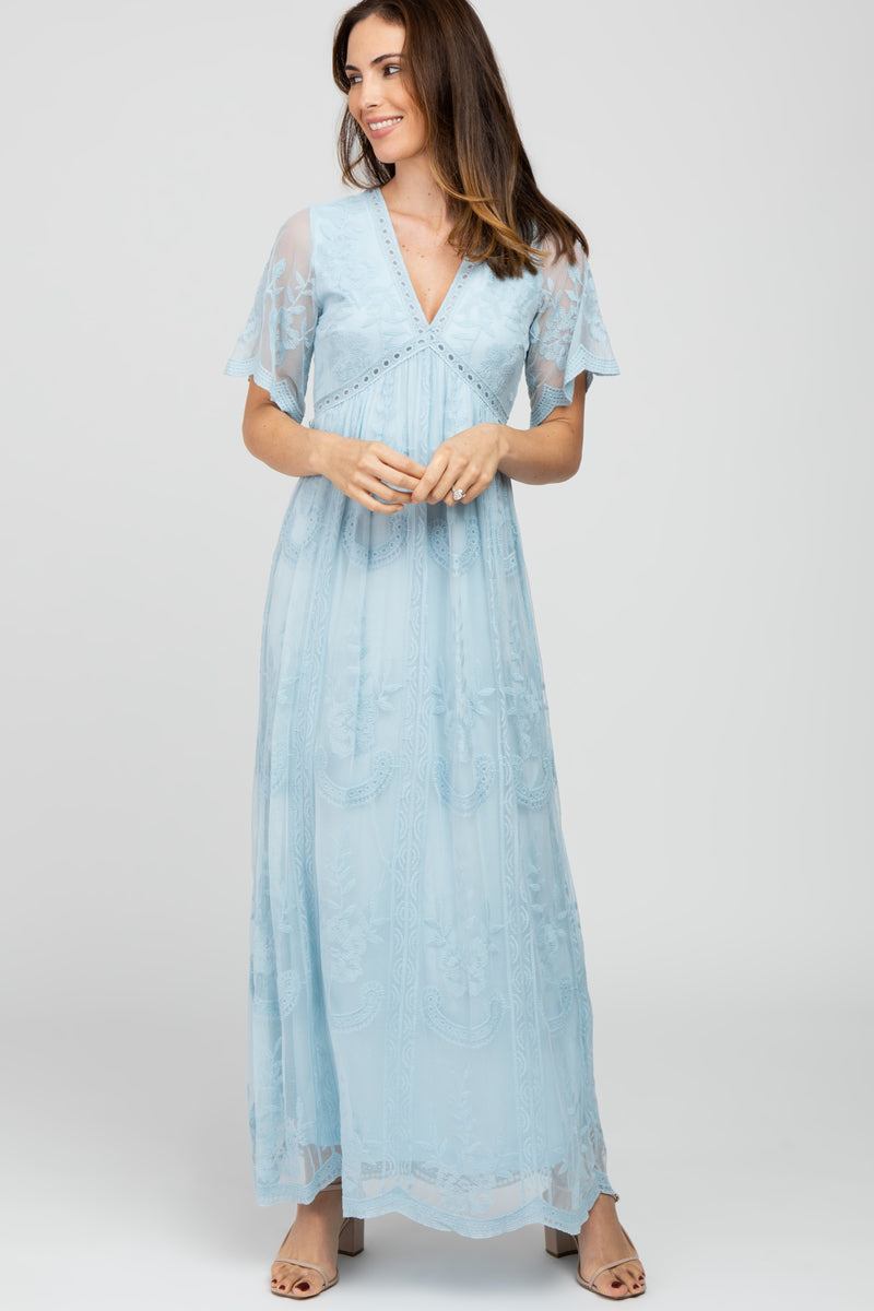 Blue Lace Mesh Overlay Off Shoulder Maxi Dress main image 0