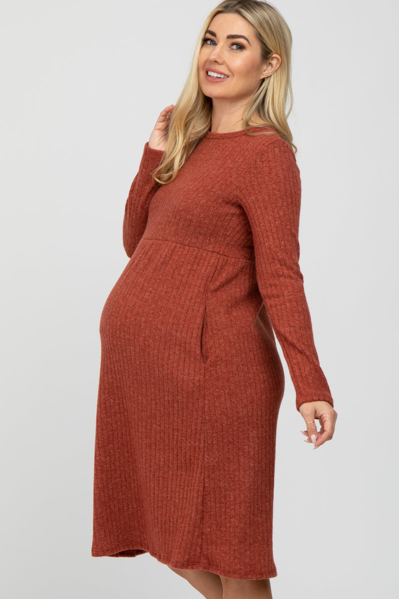 Rust Brushed Ribbed Knit Maternity Dress PinkBlush