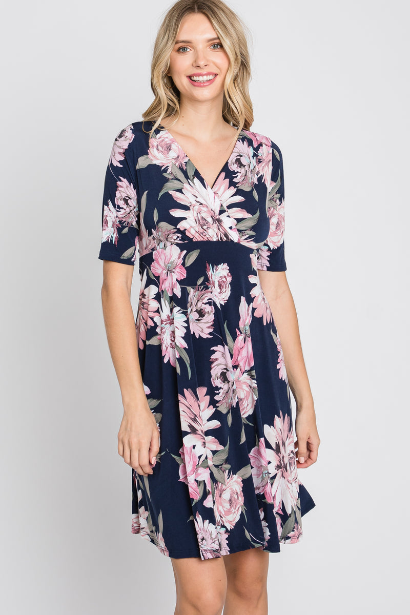 Navy Blue Floral Wrap Front Dress PinkBlush