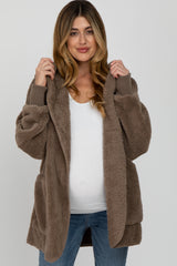 Mocha Fuzzy Hooded Long Sleeve Maternity Jacket