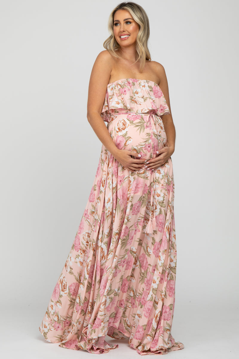 Pink Floral Strapless Ruffle Front Maternity Maxi Dress – PinkBlush