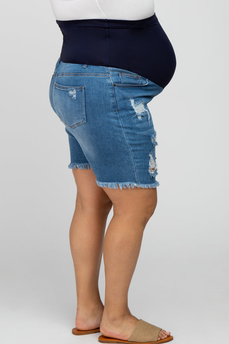 Light Blue Distressed Fringe Hem Maternity Denim Shorts