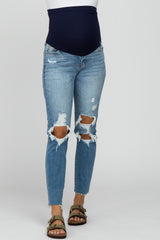 Blue Distressed Cropped Maternity Jeans