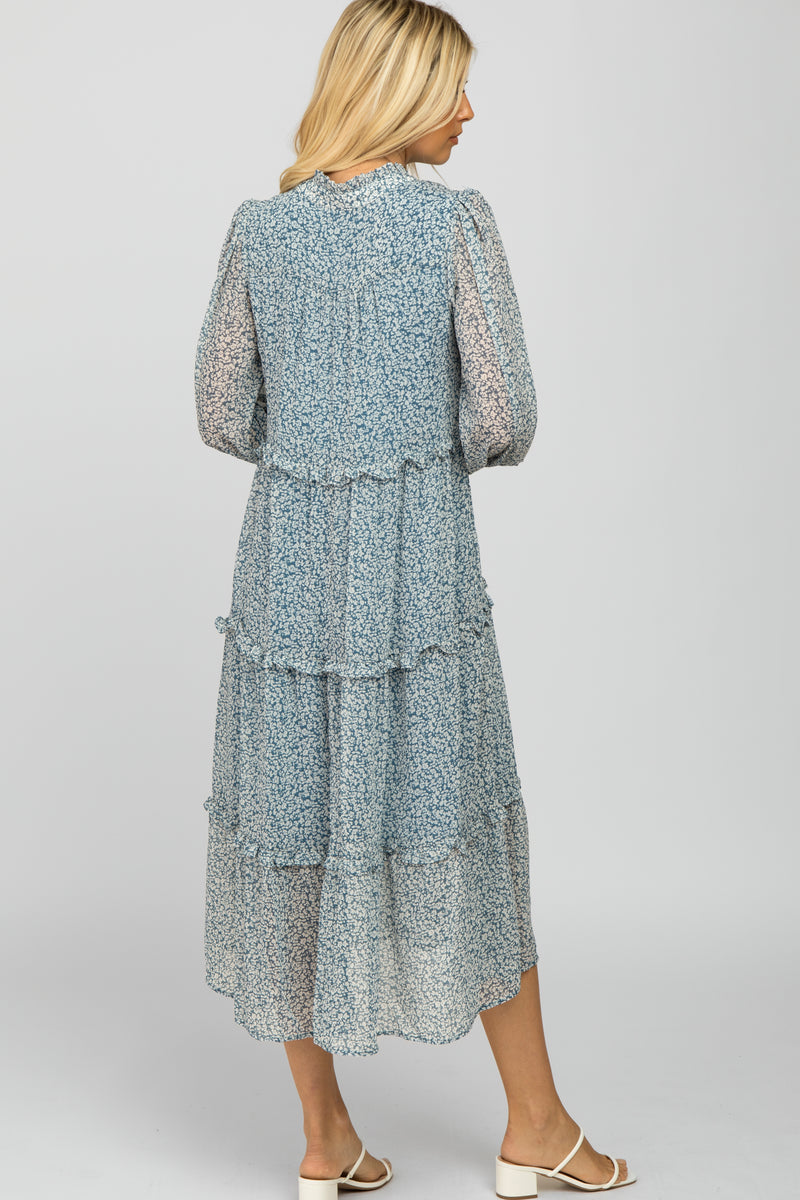 Light Blue Floral Print Ruffle Trim Maxi Dress