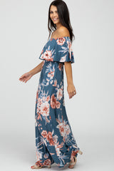 Blue Floral Off Shoulder Maxi Dress
