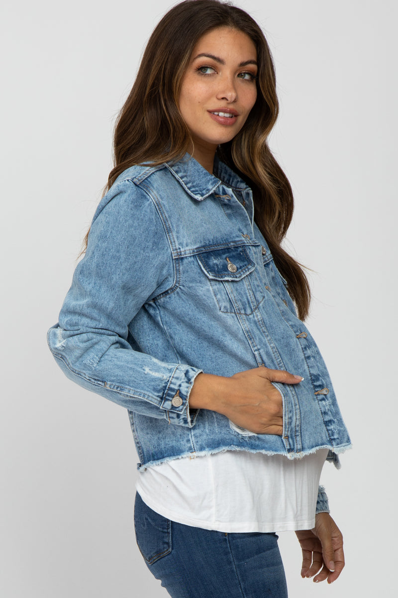 Blue Distressed Cropped Maternity Denim Jacket PinkBlush