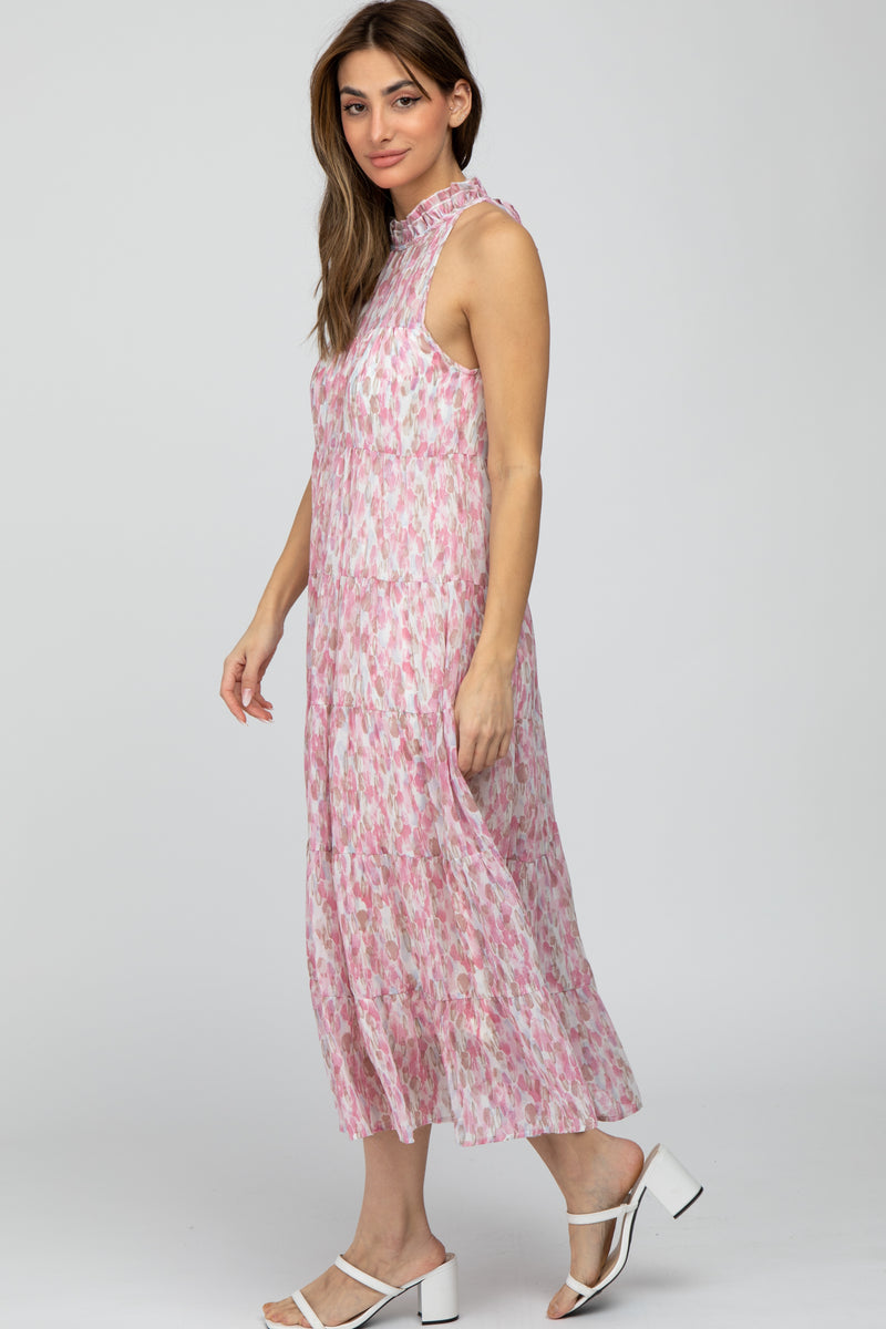 Perfee Decor Button Printed Sleeveless Tiered Midi Dress