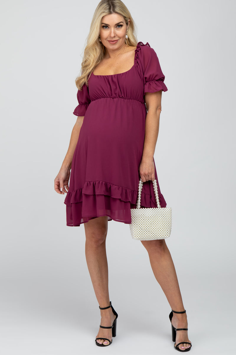 Landon 100% Cotton Ruched Puff Sleeve Ruffle Tiered Floral Midi Dress in Pink - Bump Friendly