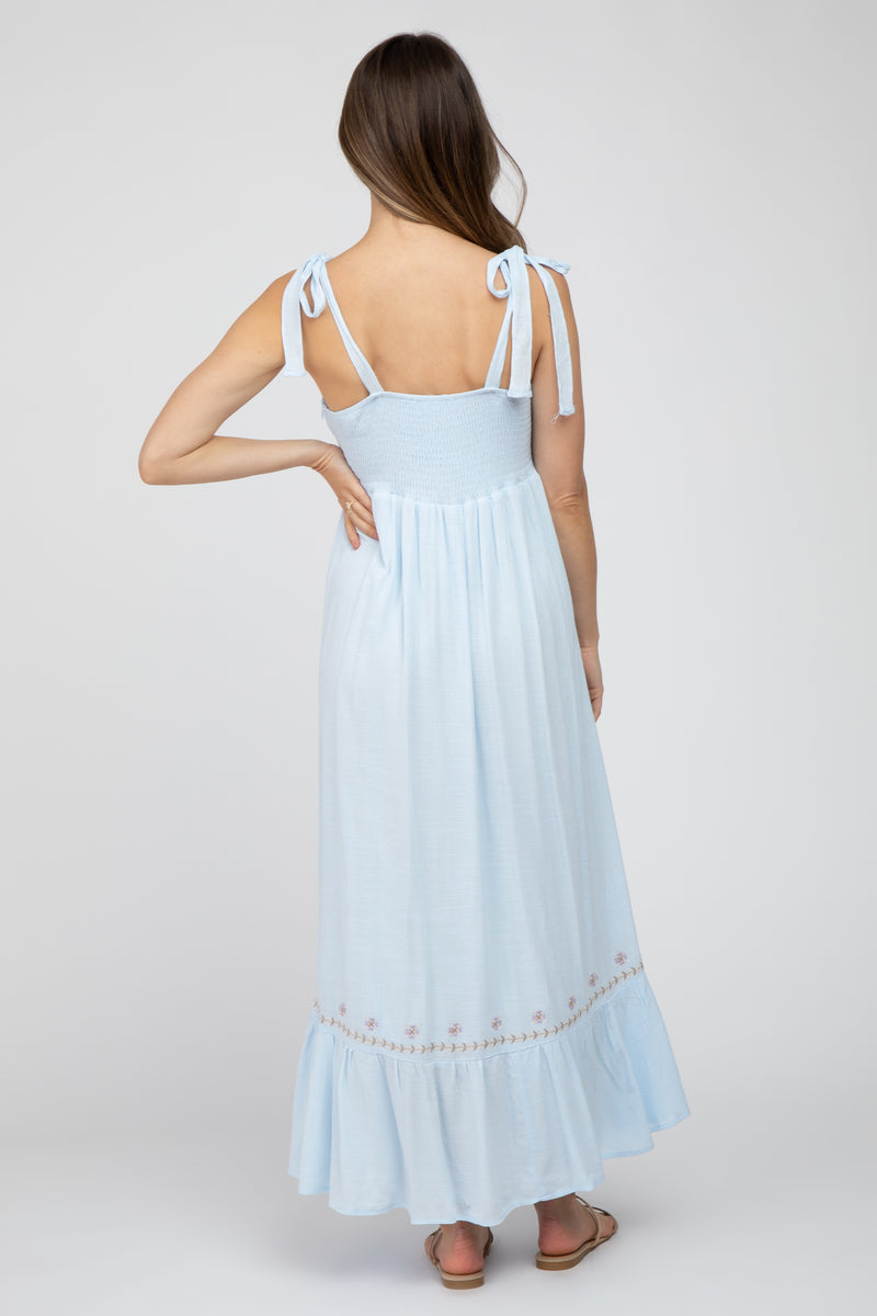 Babyhug Woven Sleeveless Mesh Party Dress With Floral Embroidery - Light Blue main image 1