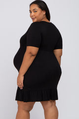 Black V-Neck Ruffle Hem Maternity Dress