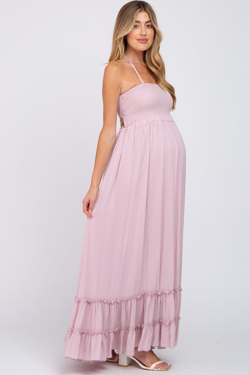 Mauve Halter Neck Cut Out Maternity Maxi Dress  PinkBlush