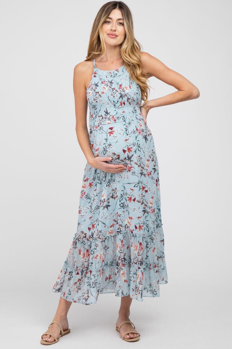 Light Blue Floral Smocked Shoulder Tie Maternity Midi Dress main image 0