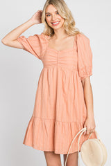 Peach Flower Embroidered Sweetheart Neck Bubble Sleeve Maternity Dress