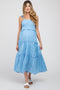 Blue Striped Smocked Shoulder Tie Maternity Midi Dress