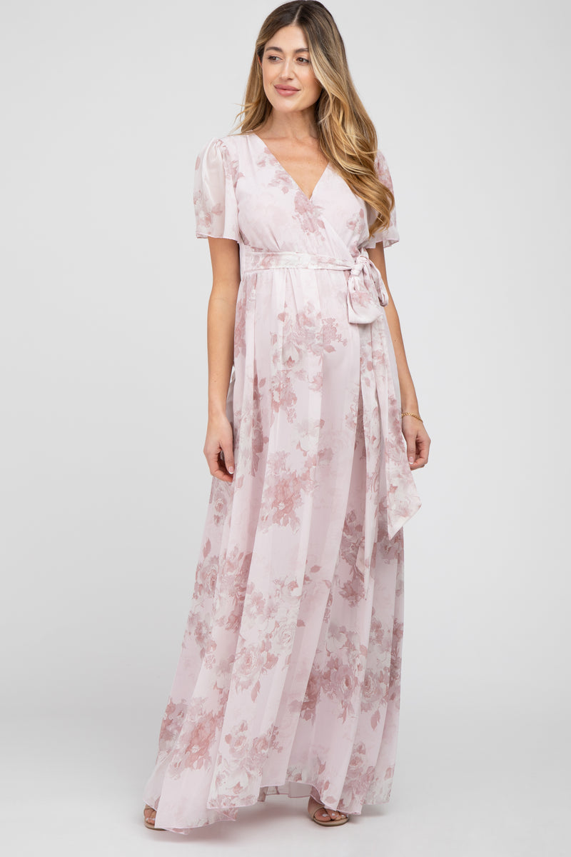DARK PINK FLORAL | ZIPLESS MATERNITY MAXI-PUFF SLEEVES | FULL LENGTH MAXI main image 1
