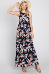 Navy Floral Sleeveless Maxi Dress