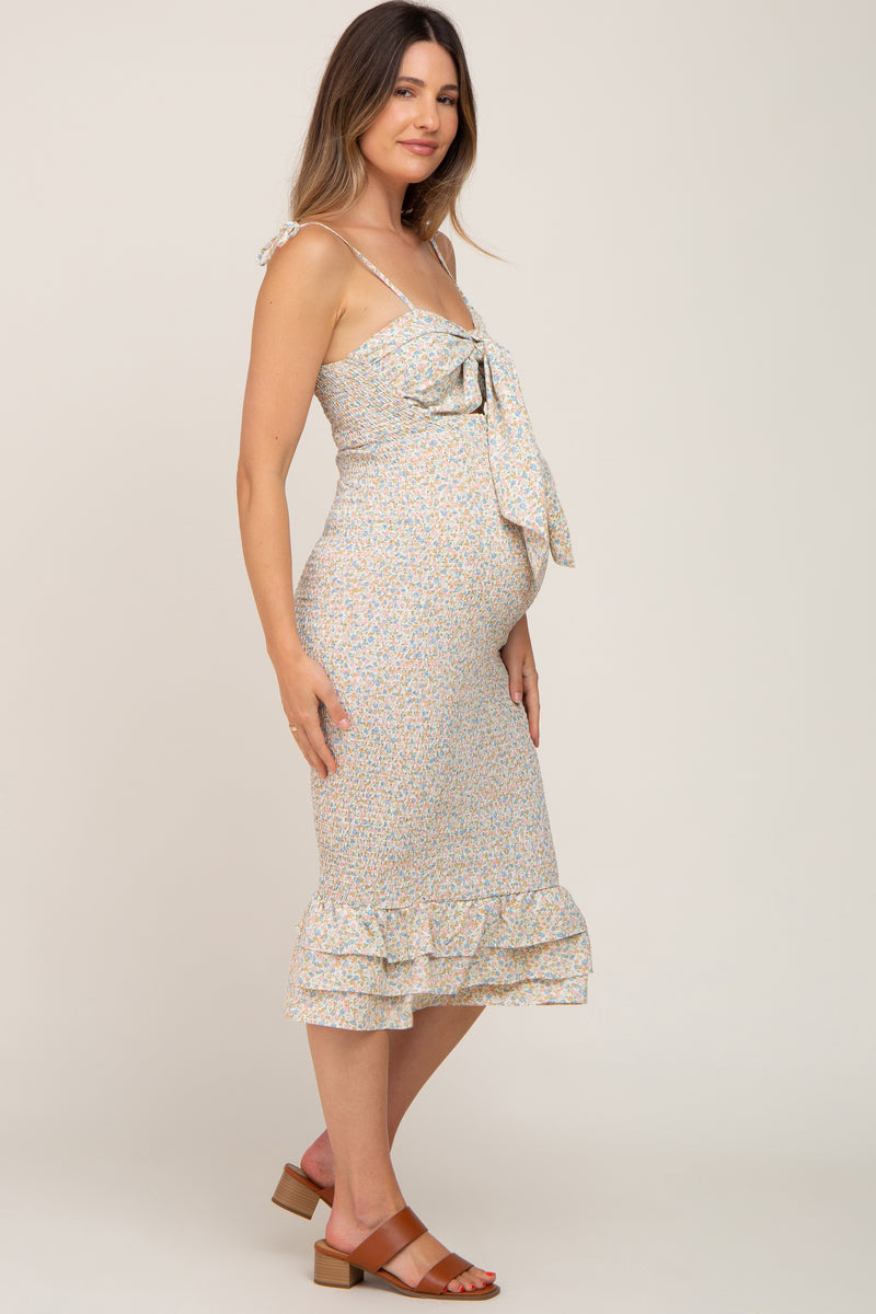 Light Blue Floral Smocked Shoulder Tie Maternity Midi Dress main image 1