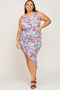 Blue Floral Ruched Asymmetrical Plus Midi Dress