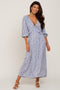 Blue Floral Ruffle V-Neck Midi Dress
