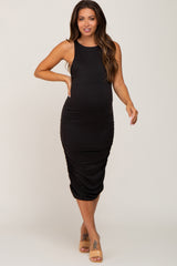 Black Ruched Fitted Maternity Midi Dress