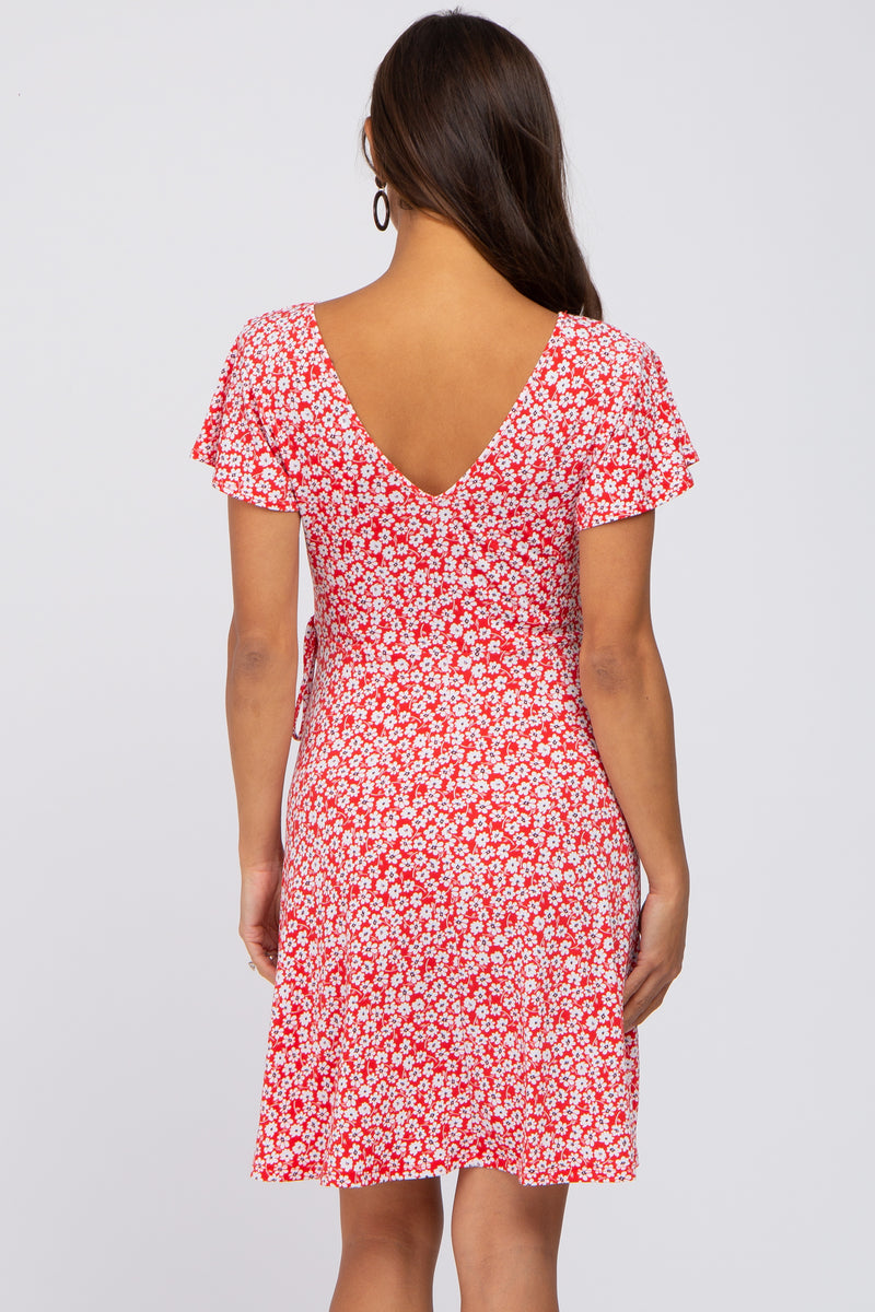 Red Floral Wrap Maternity Dress PinkBlush