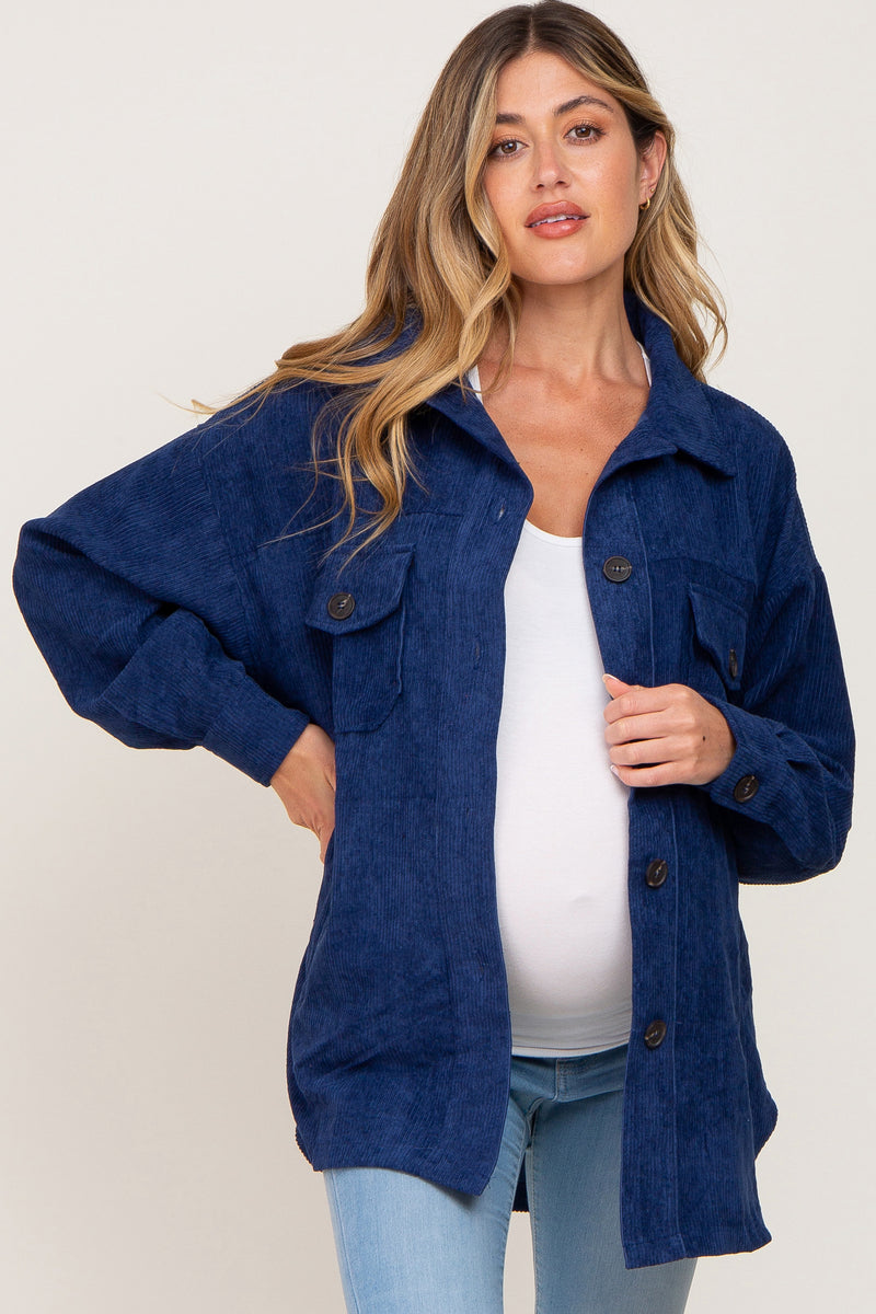 Navy Blue Corduroy Maternity Shirt Jacket PinkBlush