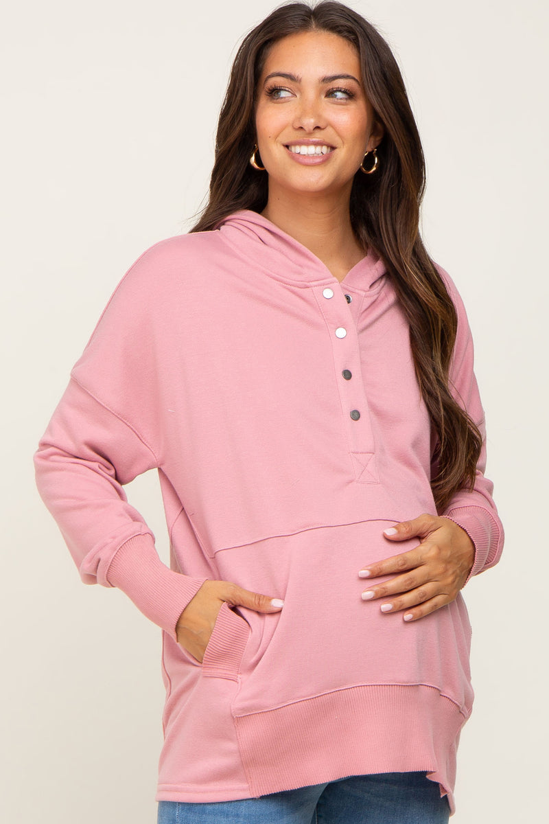 Mauve Snap Front Button Maternity Hoodie PinkBlush