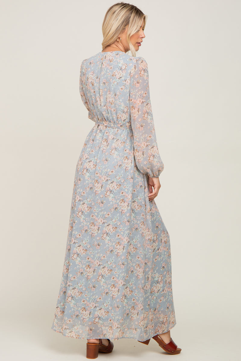 Light Grey Floral Chiffon Maxi Dress PinkBlush