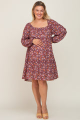 Burgundy Floral Long Sleeve Plus Maternity Dress