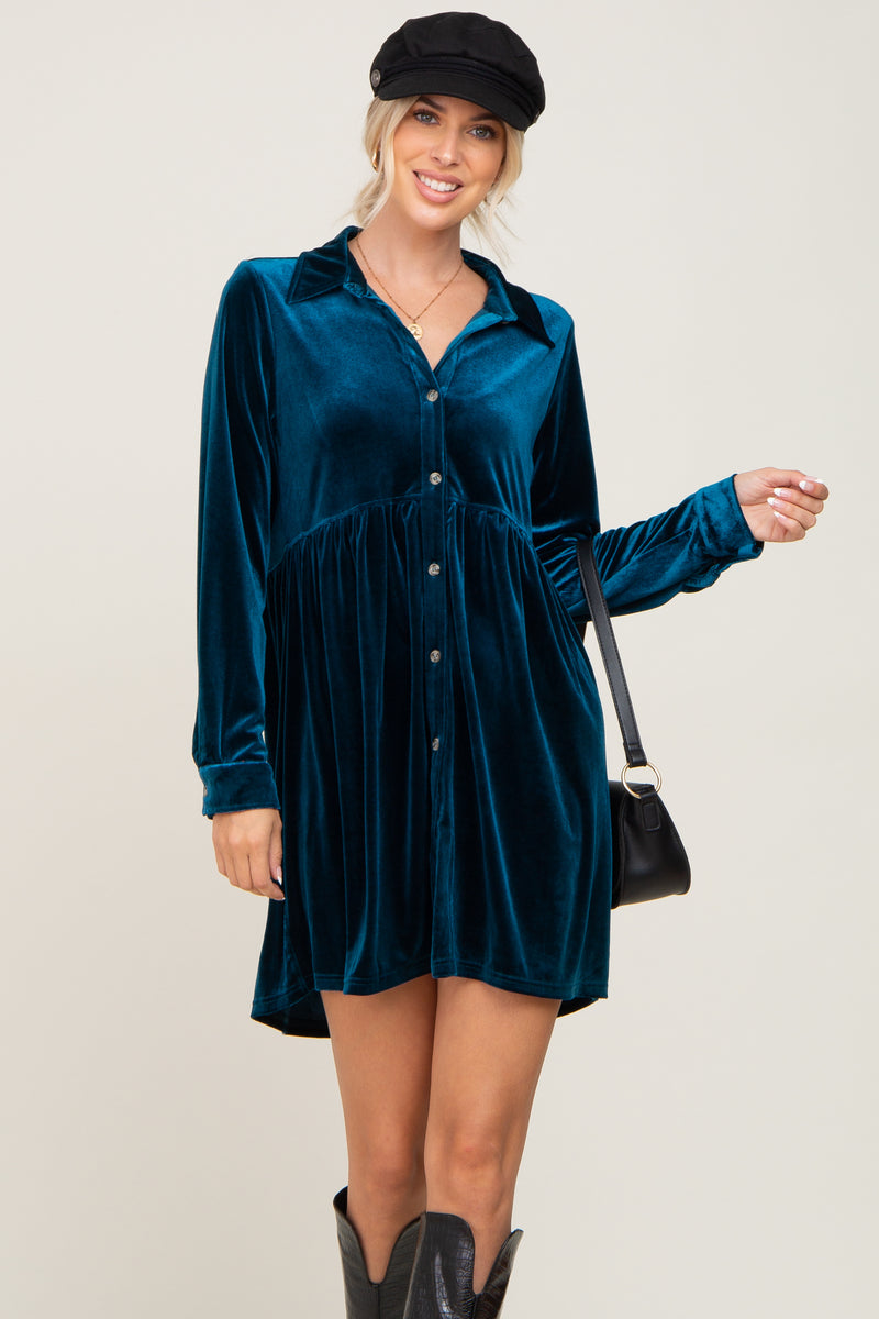 Dark Teal Velvet Button Down Mini Dress PinkBlush