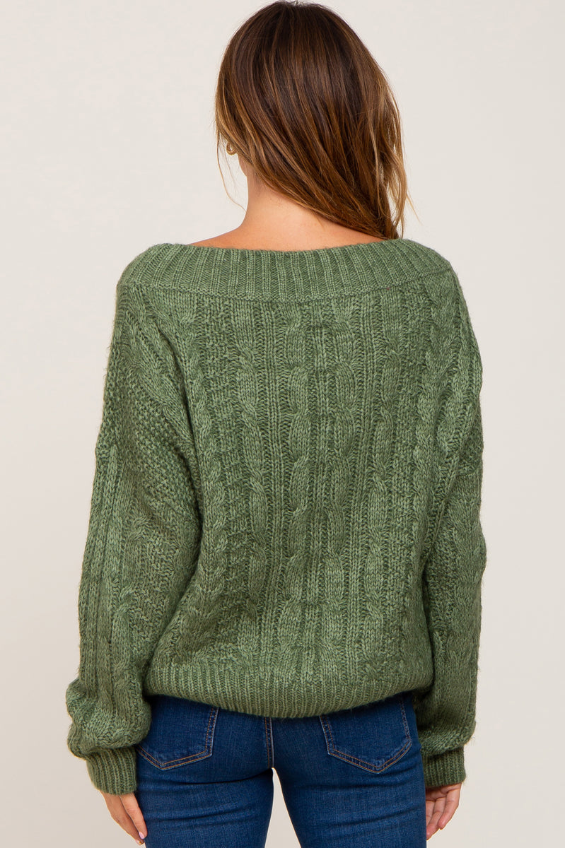 Olive Boat Neck Cable Knit Sweater PinkBlush