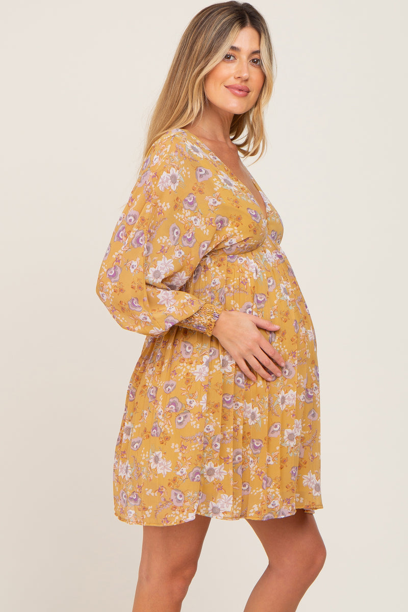 Yellow Floral Chiffon Pleated Long Sleeve Maternity Dress โ PinkBlush