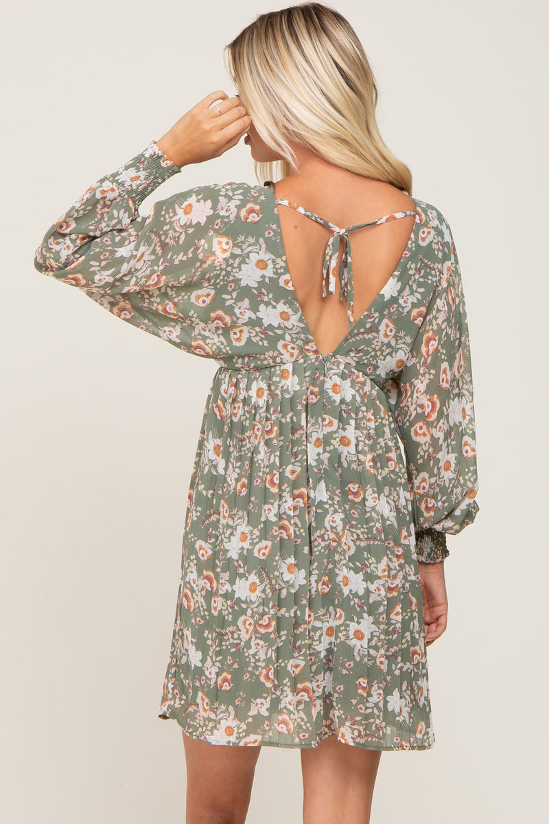 Chiffon Pleated Top Long Dresses with Open Back Dusty Sage