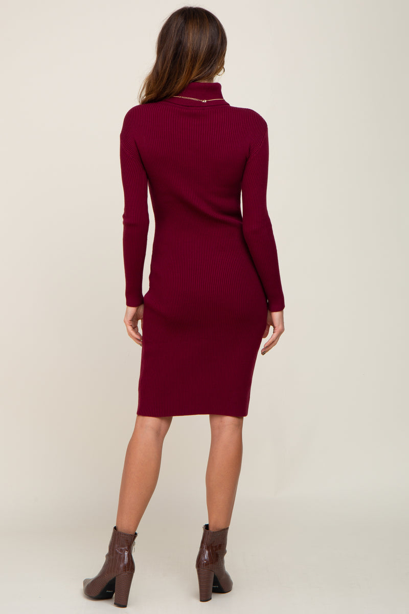 Burgundy Ribbed Turtleneck With Balloon Sleeves - Mini Dress