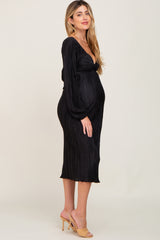 Black Pleated Front Cutout Back Tie Maternity Midi Dress