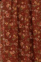 Brown Floral Chiffon Smocked Waist Midi Dress