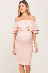 Light Pink Off Shoulder Ruched Maternity Dress