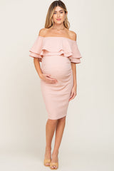 Light Pink Off Shoulder Ruched Maternity Dress