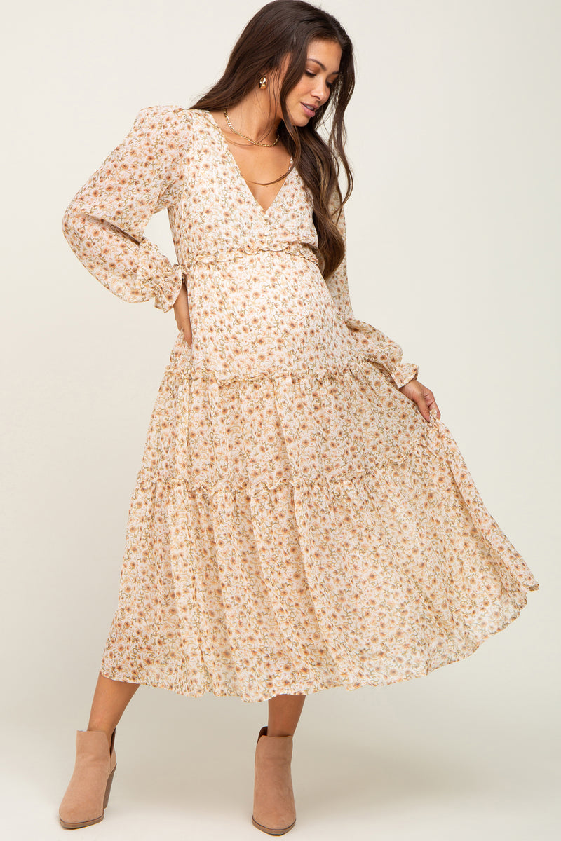 Floral Print Tiered Maternity Midi Dress