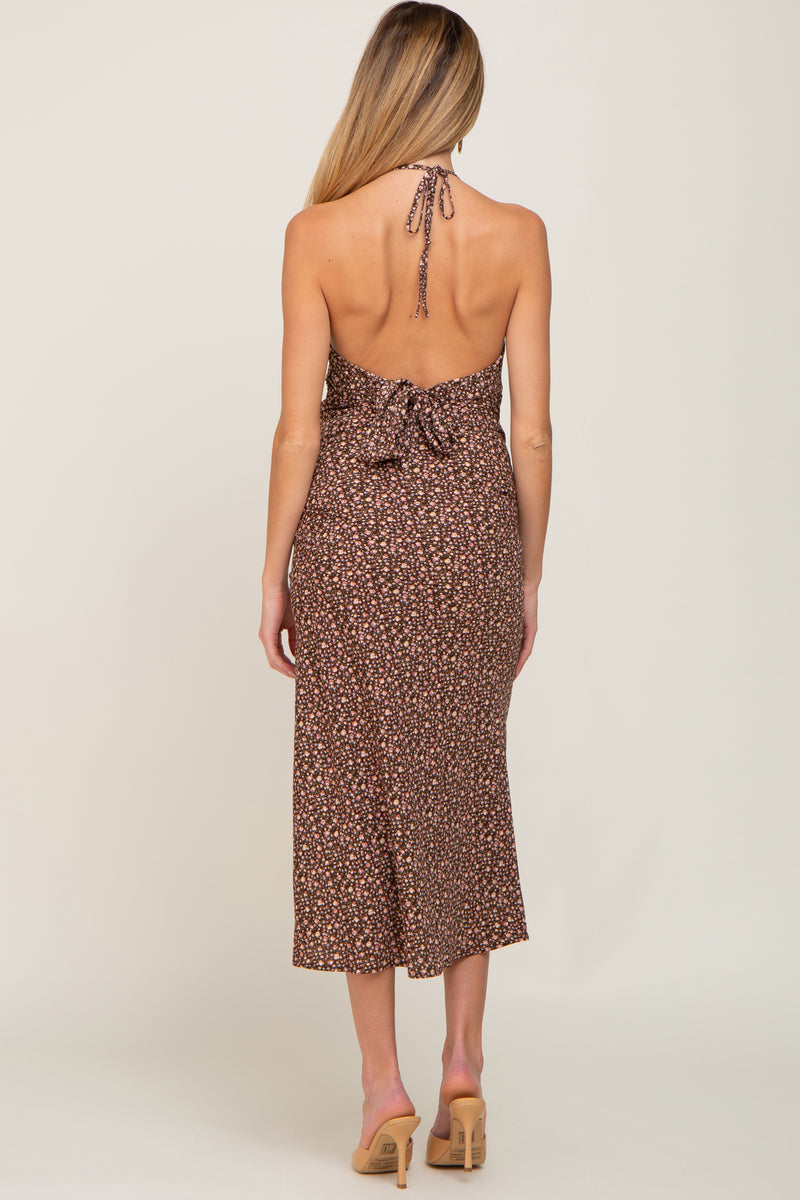 Women Brown Floral Printed Flared Maternity Dress